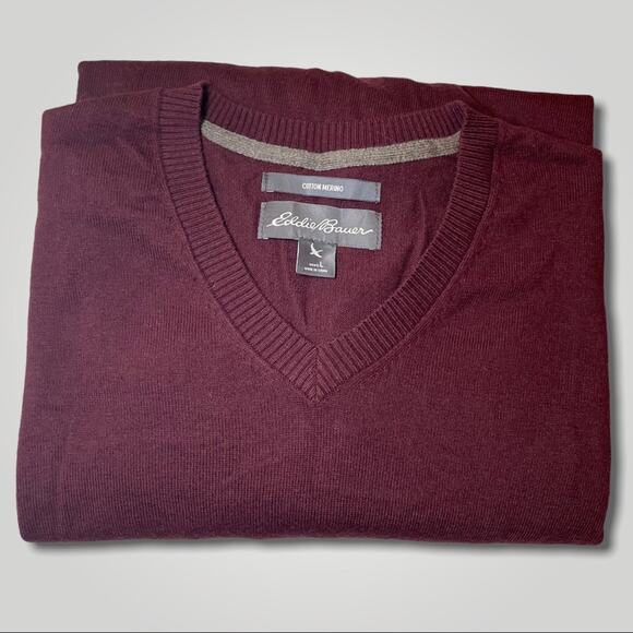 EDDIE BAUER COTTON / WOOL PREPPY V-NECK SWEATER MAROON - L - Picture 1 of 5